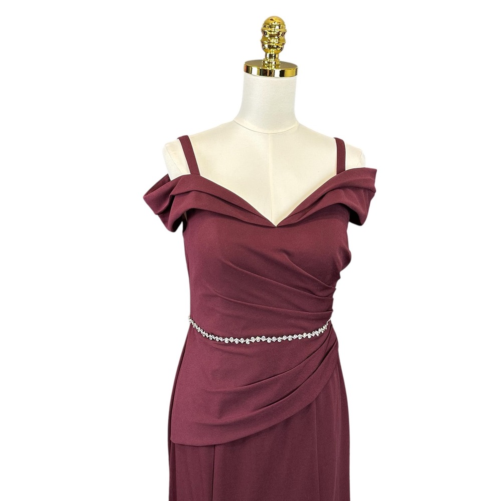 Oleg Cassini Wine Burgundy Off Shoulder Rhinestone Waist Evening Gown Dress‎ 8 - Picture 3 of 9